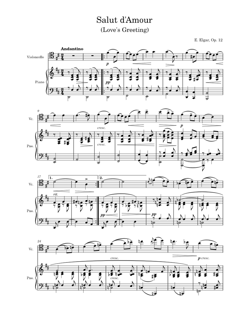 Salut d'amour, Op.12 – Edward Elgar , Cello Piano Sheet