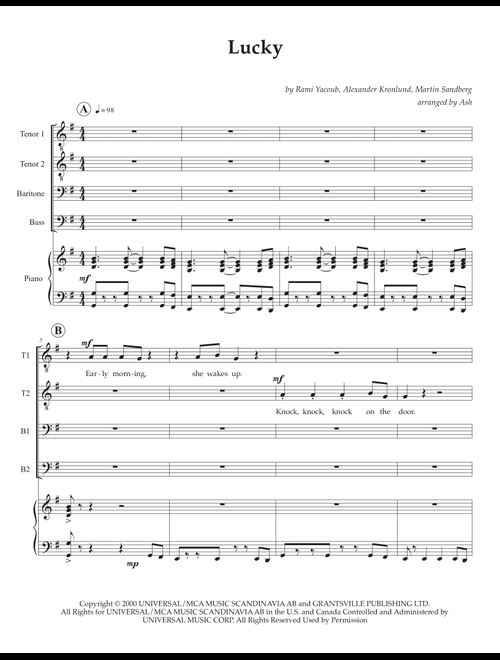 Lucky (Arr. Ash) - Britney Spears (Choral, TTBB)