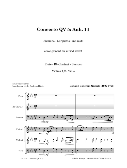 Concerto in E-flat major, QV 5:Anh.14 (Siciliano) – Johann Joachim Quantz - arr. for mixed sextet