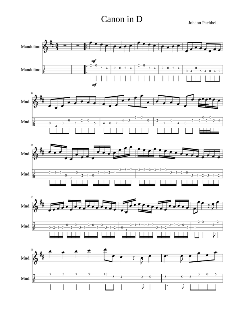 Canon in D for Mandolin solo – Johann Pachelbel Canon in D Mandolin Solo Sheet  Music and Tab for Mandolin (Solo) | MuseScore.com, image size:850x1100