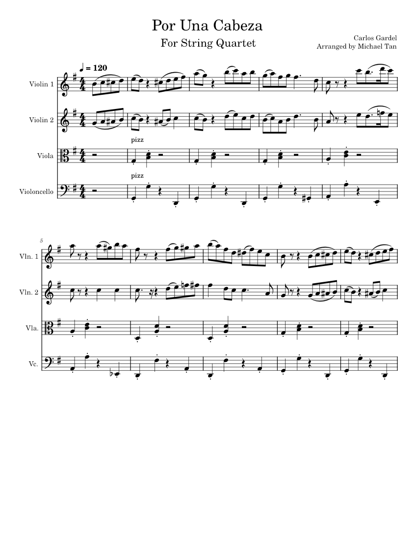 Por Una Cabeza (String Quartet) Sheet music for Violin, Viola, Cello