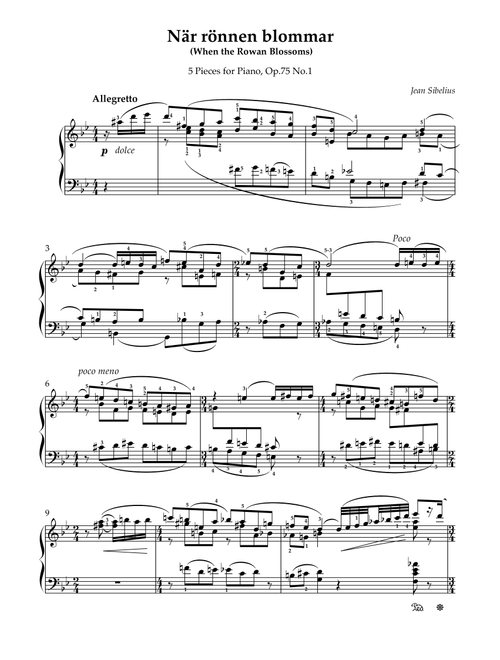 Sibelius, Op.75 No.1, När rönnen blommar, for Piano Original With Fingering (Arr. poon) - Jean Sibelius (Piano Solo)