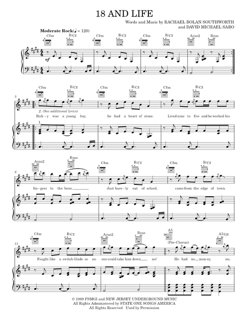 18 and life - Skid Row (Piano-Vocal-Guitar)