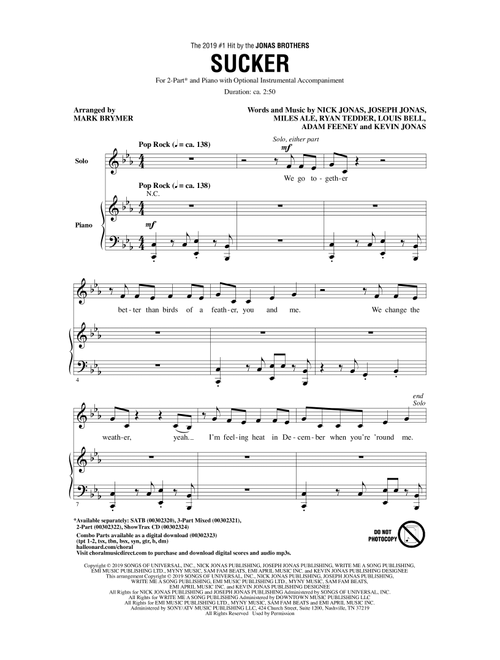 Sucker (arr. Mark Brymer) - Jonas Brothers (Choral, 2-Part)