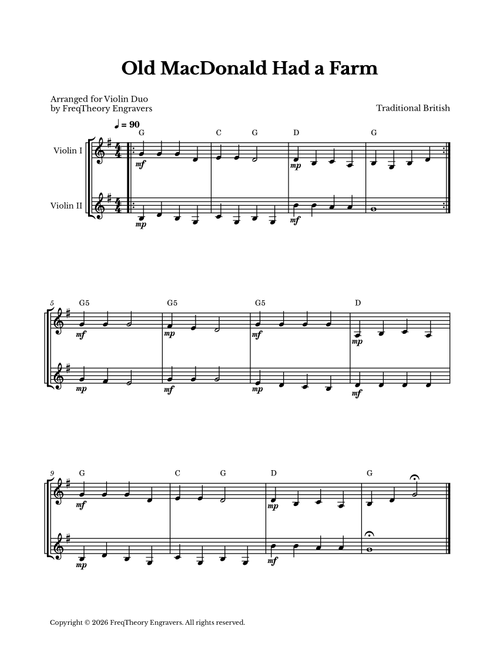 Old MacDonald Had a Farm - For Violin Duet (Arr. FreqTheory Engravers) - Traditional British (Violin Duet)