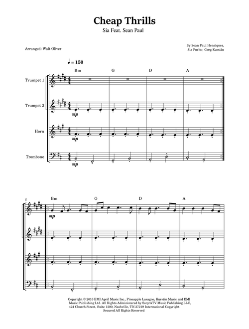 Cheap Thrills (Feat. Sean Paul) (Arr. Walt Oliver) - Sia feat Sean Paul (Brass Ensemble)
