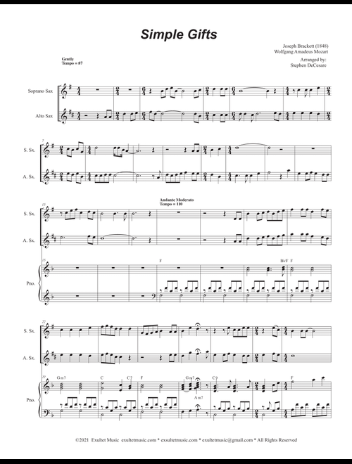 Simple Gifts (Duet for Soprano and Alto Saxophone) (Arr. Stephen DeCesare) - Joseph Brackett Wolfgang Amadeus Mozart (Saxophone Duet)