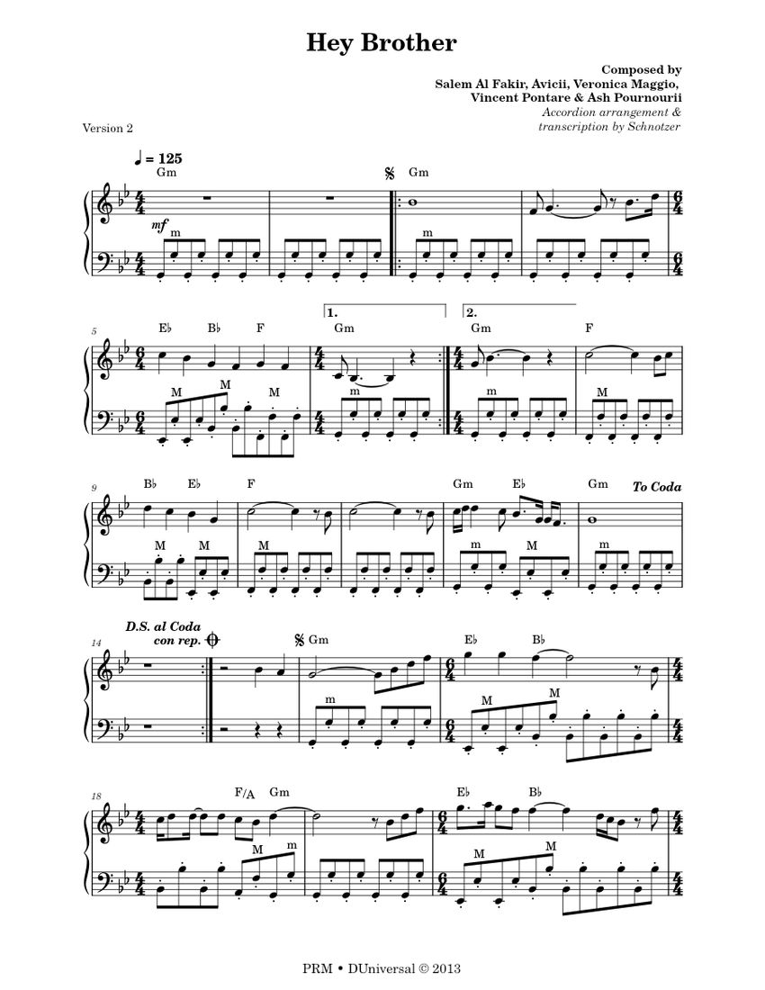 Hey Brother – Avicii Sheet Music with Chords for Accordion (Solo