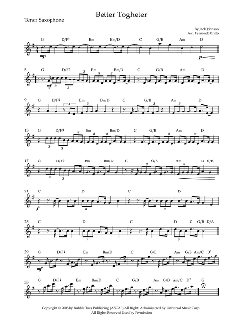 Better Together (Arr. Fernando Britto) - Jack Johnson (Tenor Sax Solo)