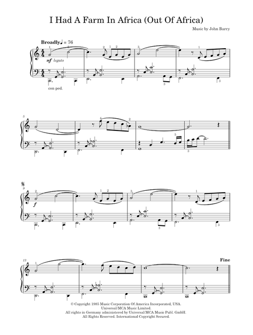 I Had A Farm In Africa (Main Title) (from Out Of Africa) - Monty Norman & John Barry (Easy Piano)