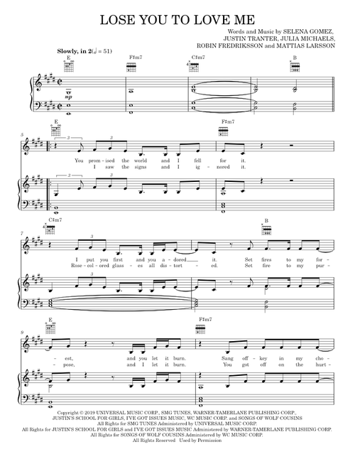 Lose You To Love Me - Selena Gomez (Piano-Vocal-Guitar)