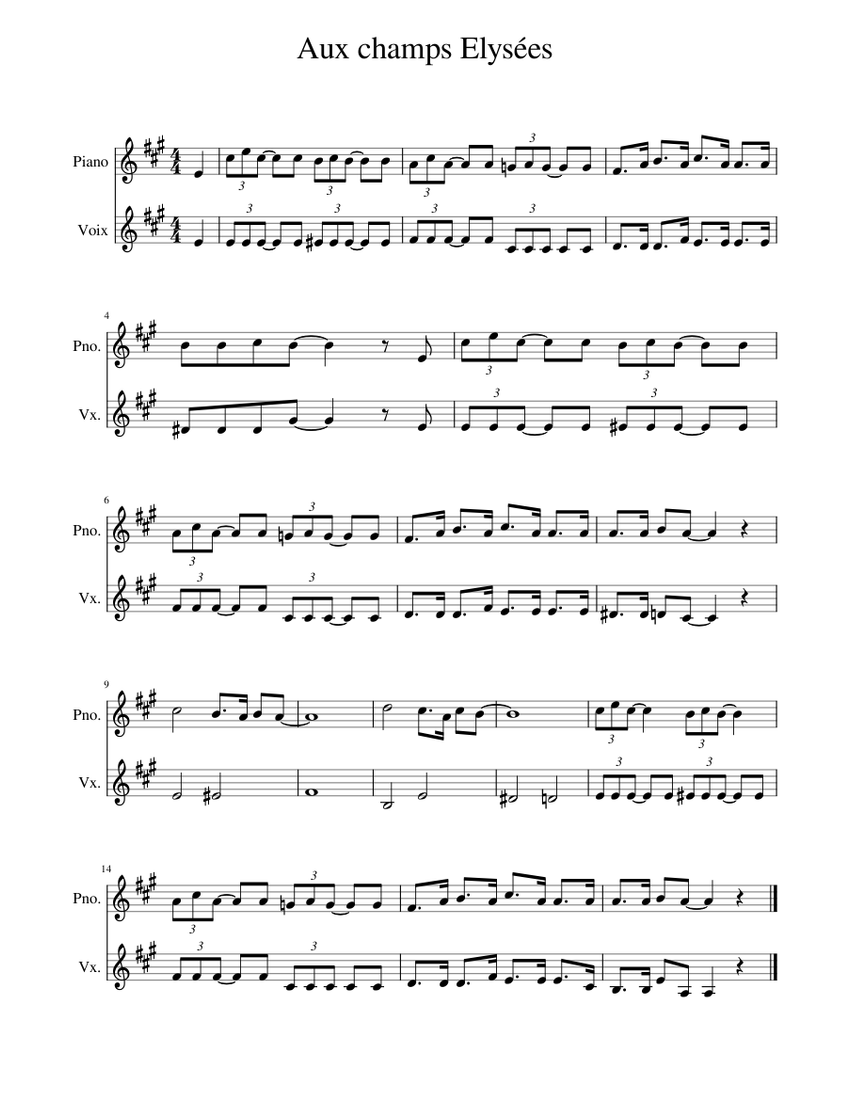 Aux champs Elysées (clarinette (2 voix)) Sheet Music for Piano, Vocals ...