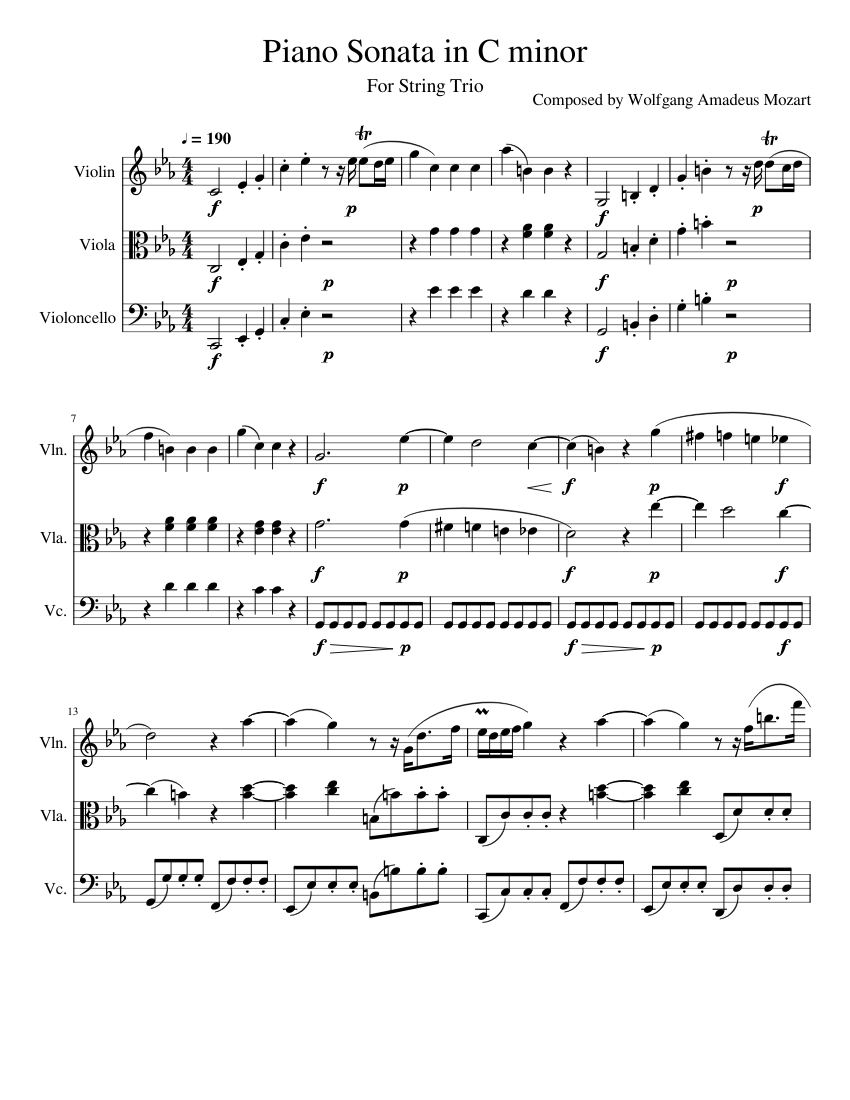 Piano Sonata in C minor Sheet Music for Violin, Viola, Cello (String ...