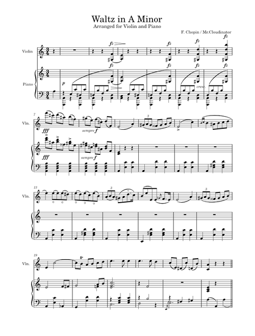 Chopin (New) Waltz in A Minor (arr. for Violin and Piano)