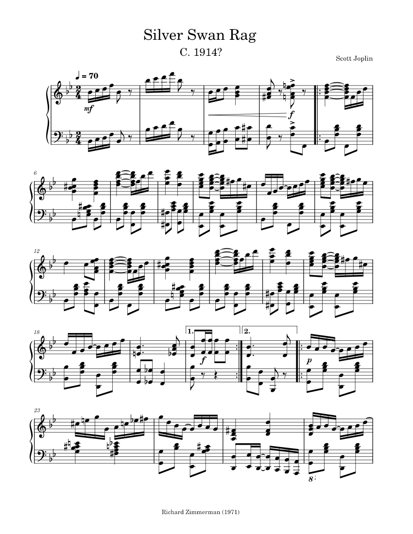Swany Rag Silver Swan Rag by Scott Joplin (C. 1914 - 1971) Sheet Music for Piano ...
