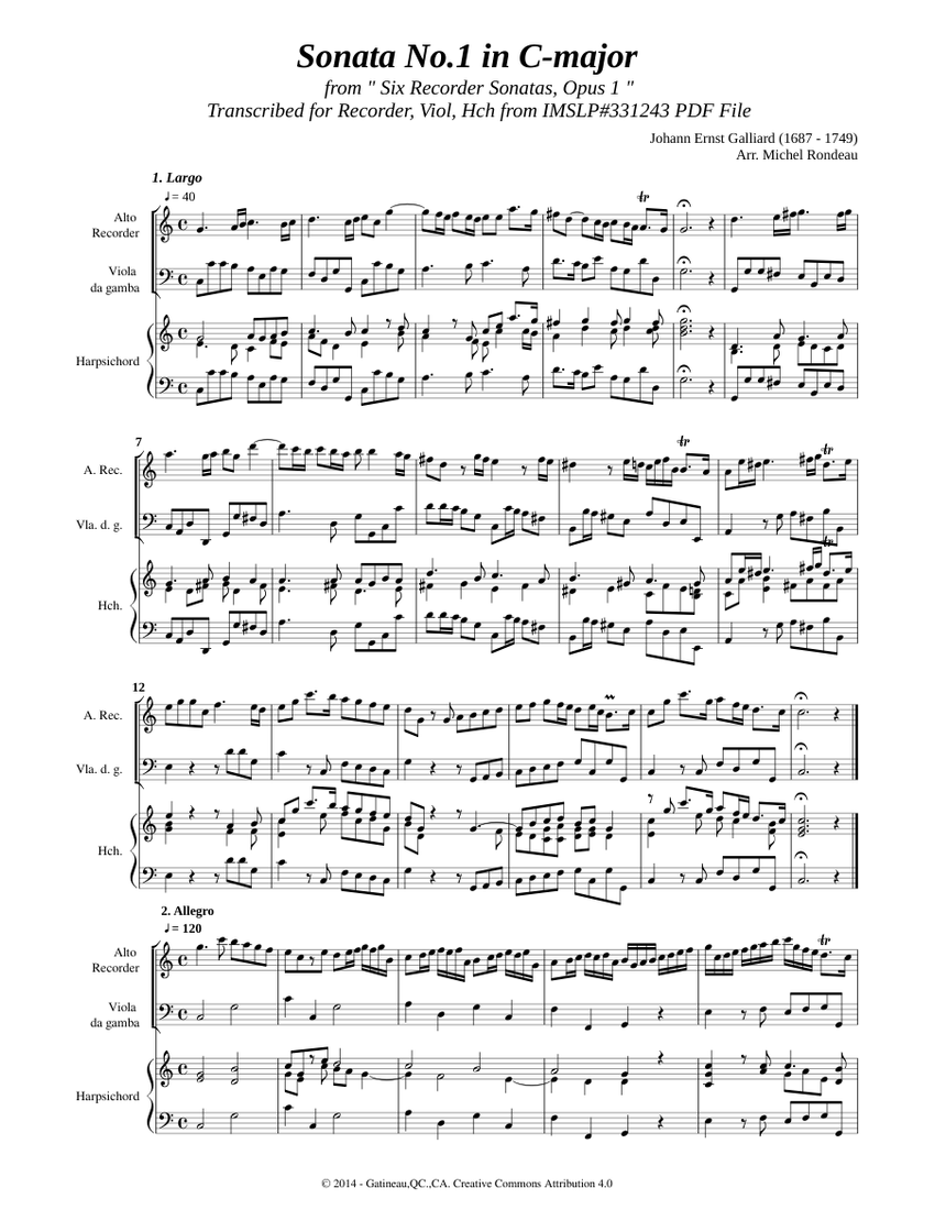 Galliard, J. E. _ Recorder Sonata Op.1 No.1 C-Dur [Rec, Viol, Hch