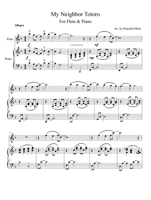 My Neighbor Totoro (Main Theme) (Arr. Peaceful Mind) - Joe Hisaishi (Flute and Piano)