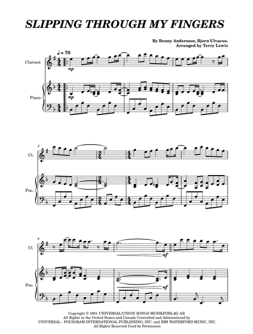 Slipping Through My Fingers (Arr. Terry Lewis) - ABBA (Clarinet and Piano)