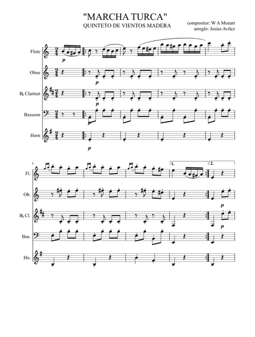 QUINTETO DE VIENTOS MADERA MARCHA TURCA W A MOZART