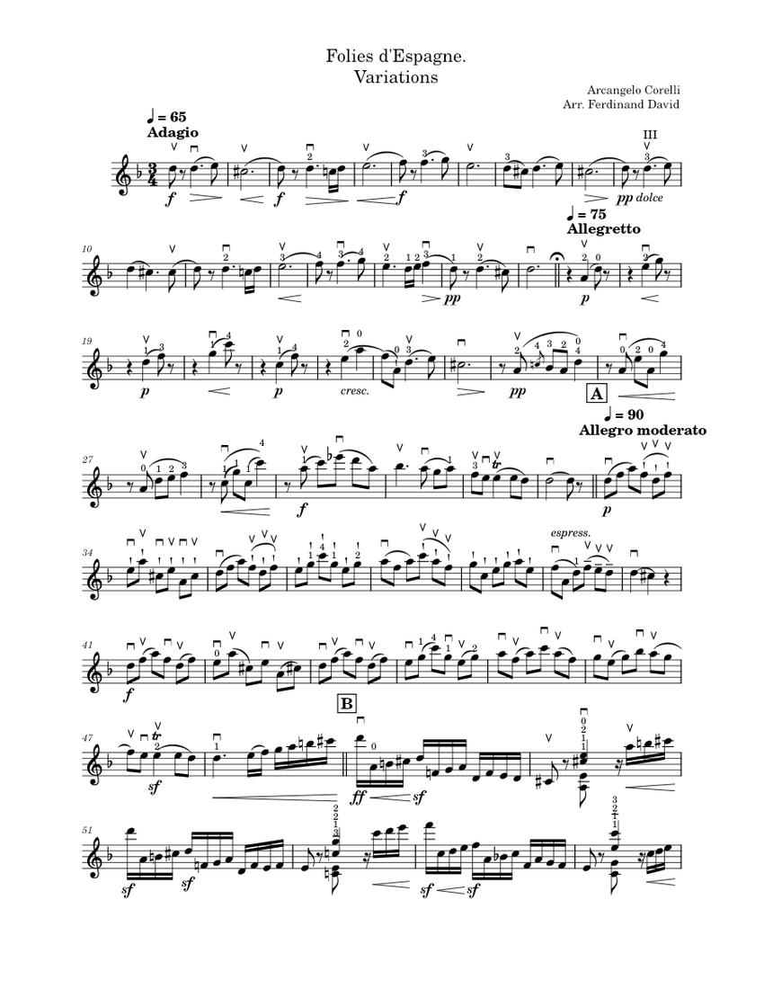 La folia arr. F. David Sheet Music for Violin (Solo) | MuseScore.com