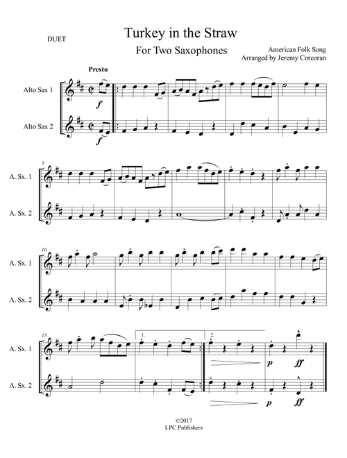 Turkey in the Straw For Two Saxophones (Arr. Jeremy Corcoran) - American Folk Song (Instrumental Duet)