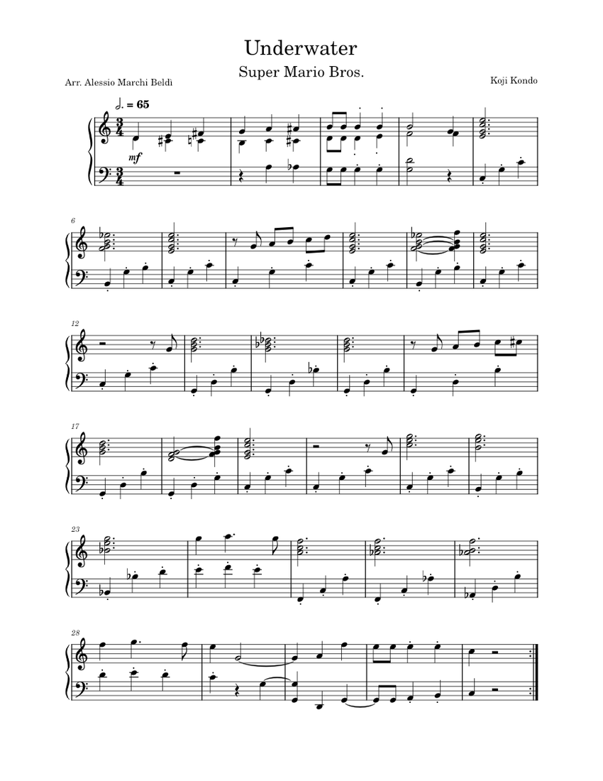Super Mario Bros. - Underwater Theme – Koji Kondo Sheet Music for Piano ...