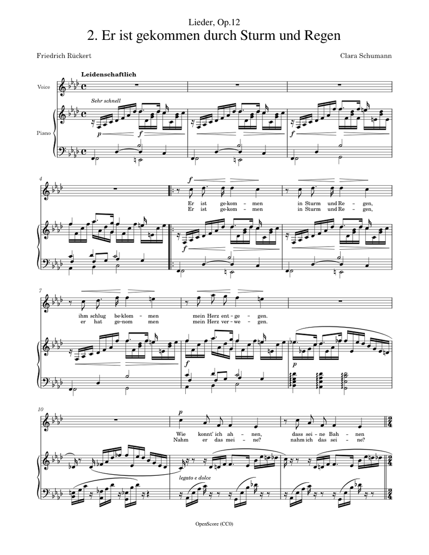 Schumann, Clara Lieder, Op.12, No.2 Er ist gekommen in Sturm und Regen Sheet music for Piano