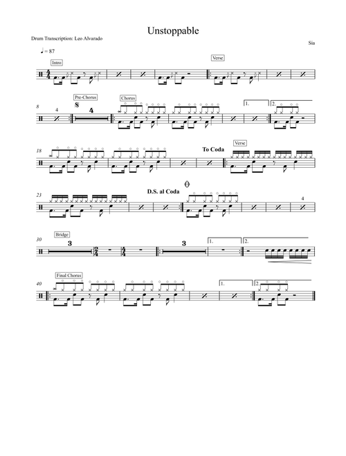 Unstoppable (Arr. Drum Trancription: Leo Alvarado) - Sia (Drums)