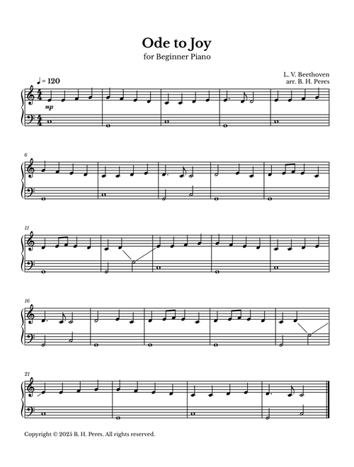 Ode to Joy - Beginner Piano - C Major (Arr. B. H. Peres) - L v Beethoven (Easy Piano)