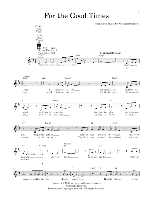 For The Good Times - Ray Price, Elvis Presley, Kris Kristofferson (Easy Guitar)