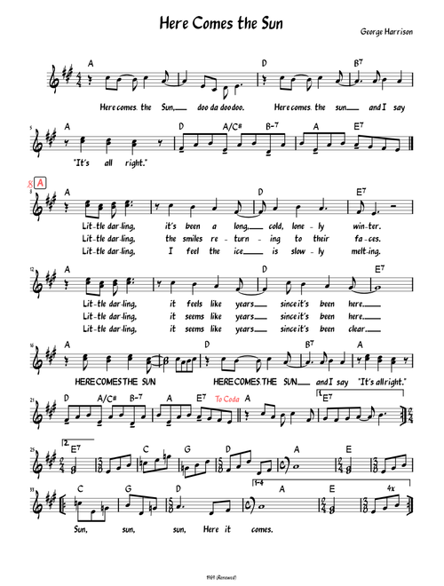 Here Comes the Sun (Lead sheet with lyrics )