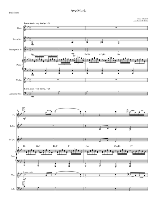 Ave Maria (Franz Schubert) for Flute, Tenor Sax, Trumpet, Violin, A. Bass and Piano with Chords (Arr. Fernando Britto) (Small Ensemble)