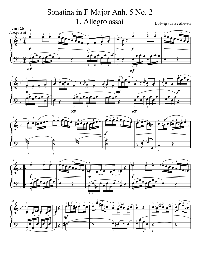 Beethoven Sonatina In F Major Allegro Assai Sheet Music For Piano