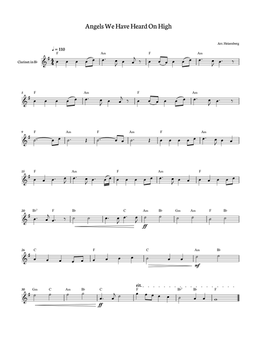Angels We Have Heard on High for Clarinet with chords (Arr. Heisenberg) - Wilfrid Moreau (Clarinet Solo)