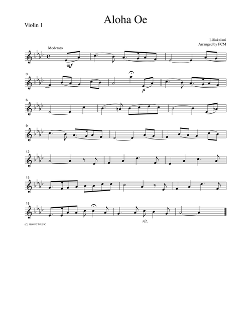 Hawaiian Folk Song  Aloha Oe, for string quartet, JM002 (Arr. FCMUSIC) - Liliokalani (String Quartet)