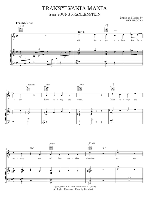 Transylvania Mania - Mel Brooks, Young Frankenstein Musical (Piano-Vocal-Guitar)
