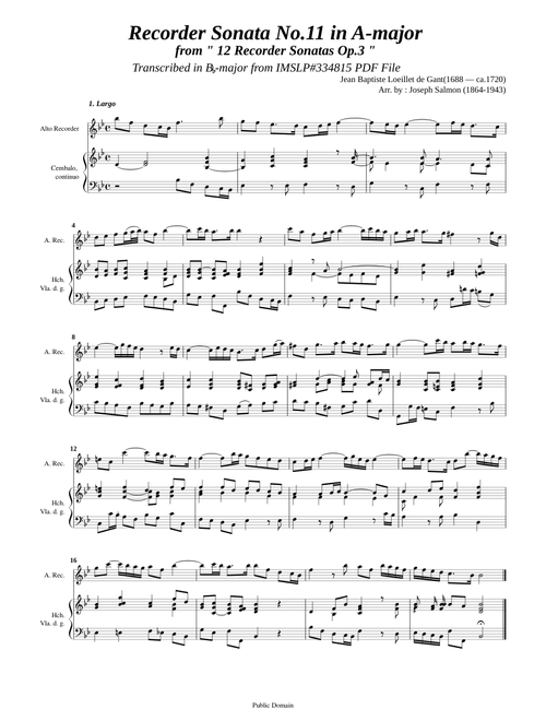 Loeillet, J. B. de Gant _ Recorder Sonata Op.3 No.11 in A-Dur