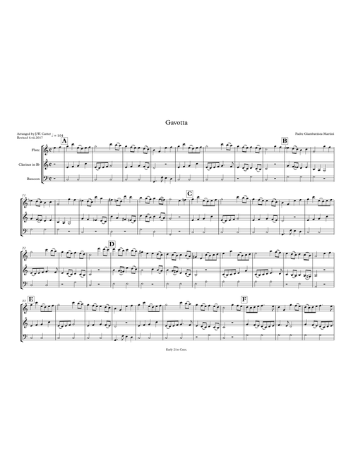 Gavotta, by Padre Giambattista Martini, arranged for Flute, Clarinet & Bassoon (Arr. J.W. Carter) (Small Ensemble)