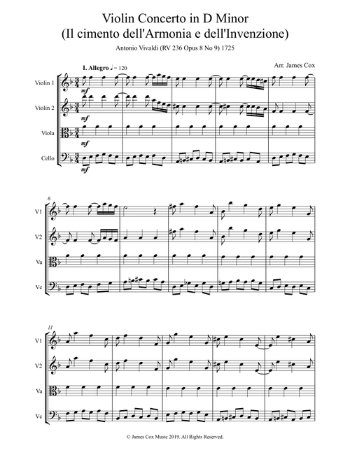 Violin Concerto in G Minor - (String Quartet) - Antonio Vivaldi (RV 236 Opus 8 No 9) (Arr. James Cox) (Small Ensemble)