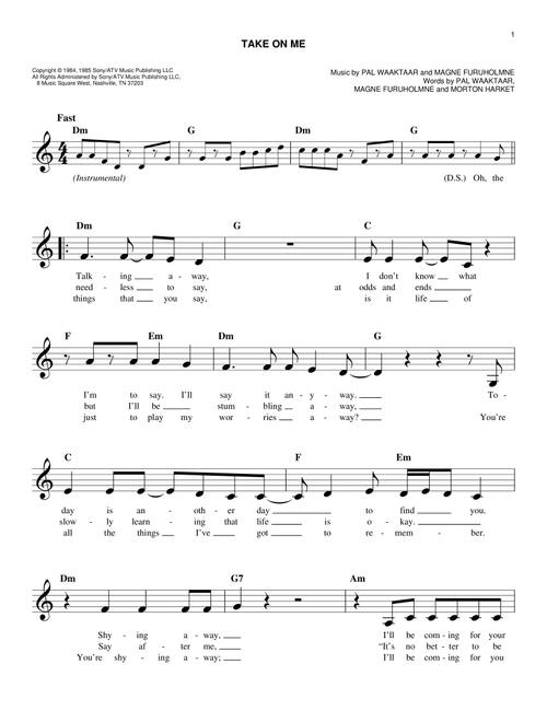 Take On Me - a-ha (Easy Lead Sheet - Fake Book)