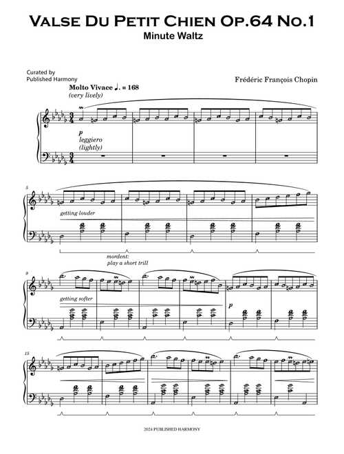 Valse Du Petit Chien Minute Waltz Op. 64 No. 1 CHOPIN Piano Original Sheet Music Score with note nam (Arr. Published Harmony) (Piano Solo)