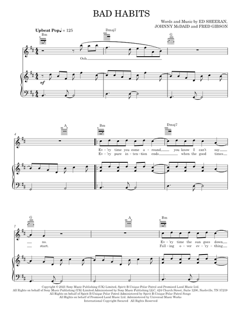Bad Habits - Ed Sheeran (Piano-Vocal-Guitar)