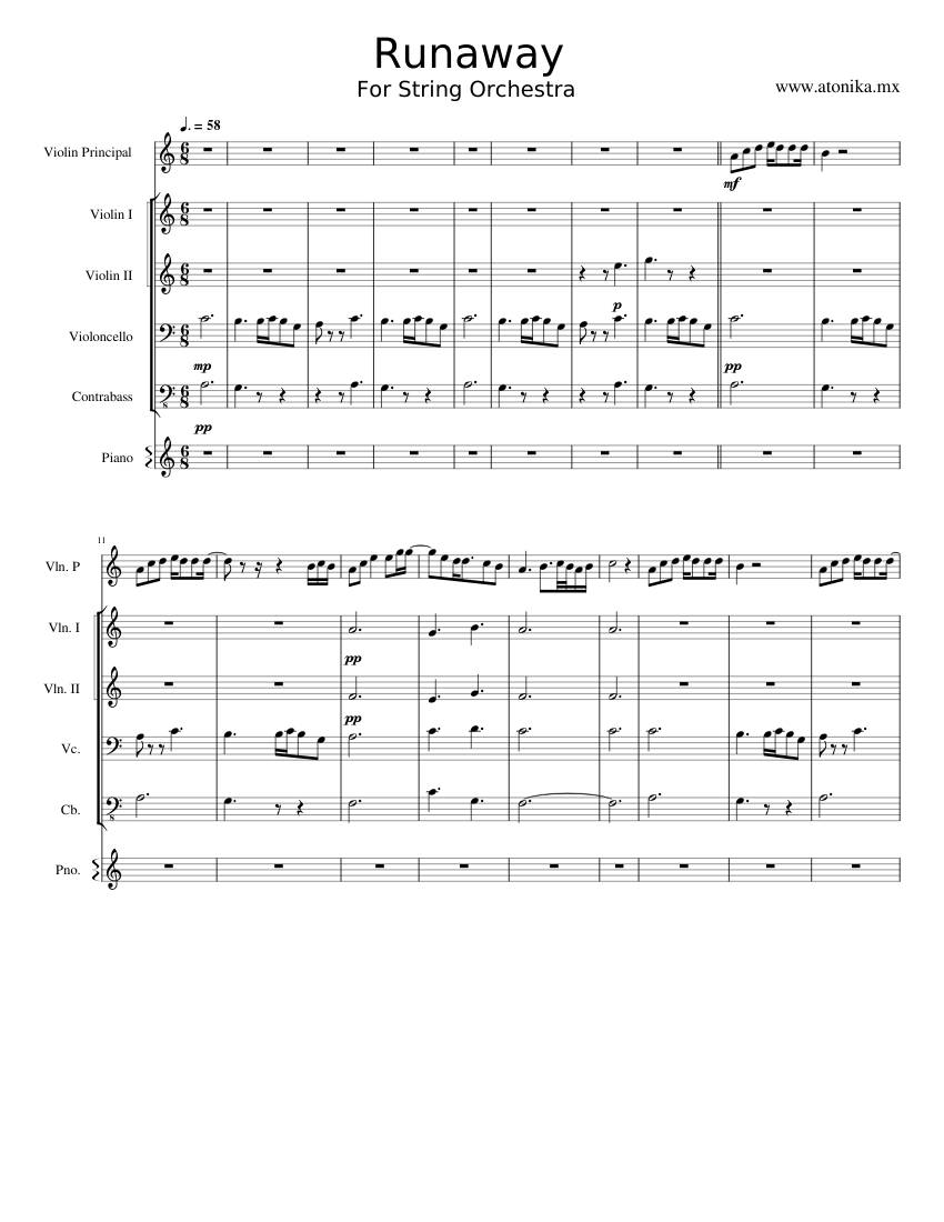 Runaway – AURORA Sheet Music for Piano, Contrabass, Violin, Cello ...
