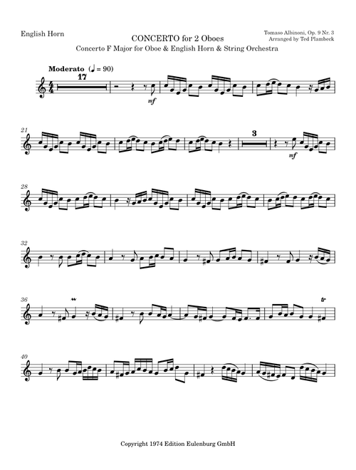 Albinoni CONCERTO in F Maj Adapted for Oboe and Eng Horn  Eng Horn Part