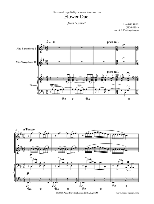Flower Duet from Lakme - 2 Alto Saxophones and Piano (Arr. Anne Christopherson GRSM ARCM) - Delibes, Leo (Alto Sax and Piano)
