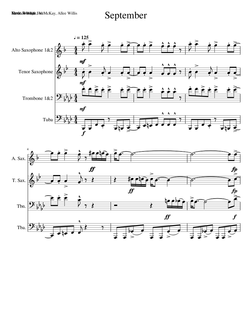 September Sheet Music for Trombone, Tuba, Saxophone alto, Saxophone ...