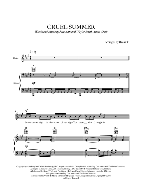 Cruel Summer (Arr. Bruna T.) - Taylor Swift (Piano-Vocal-Guitar (Piano Accompaniment))