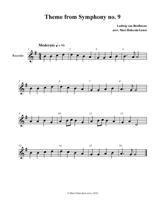 Theme from Symphony no. 9 (Ode to Joy) (Arr. Meri Dolevski) - Ludwig Van Beethoven (Recorder Solo)
