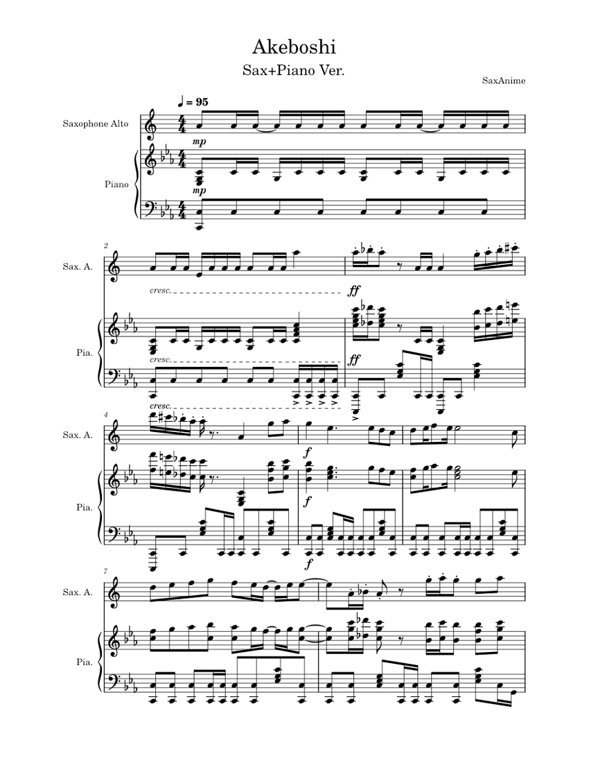 Akeboshi Sax/Piano - Demon Slayer OP2 Sheet Music for Piano