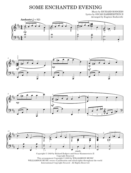 Some Enchanted Evening - Eugénie Rocherolle, Rodgers & Hammerstein, South Pacific Musical (Piano Solo)